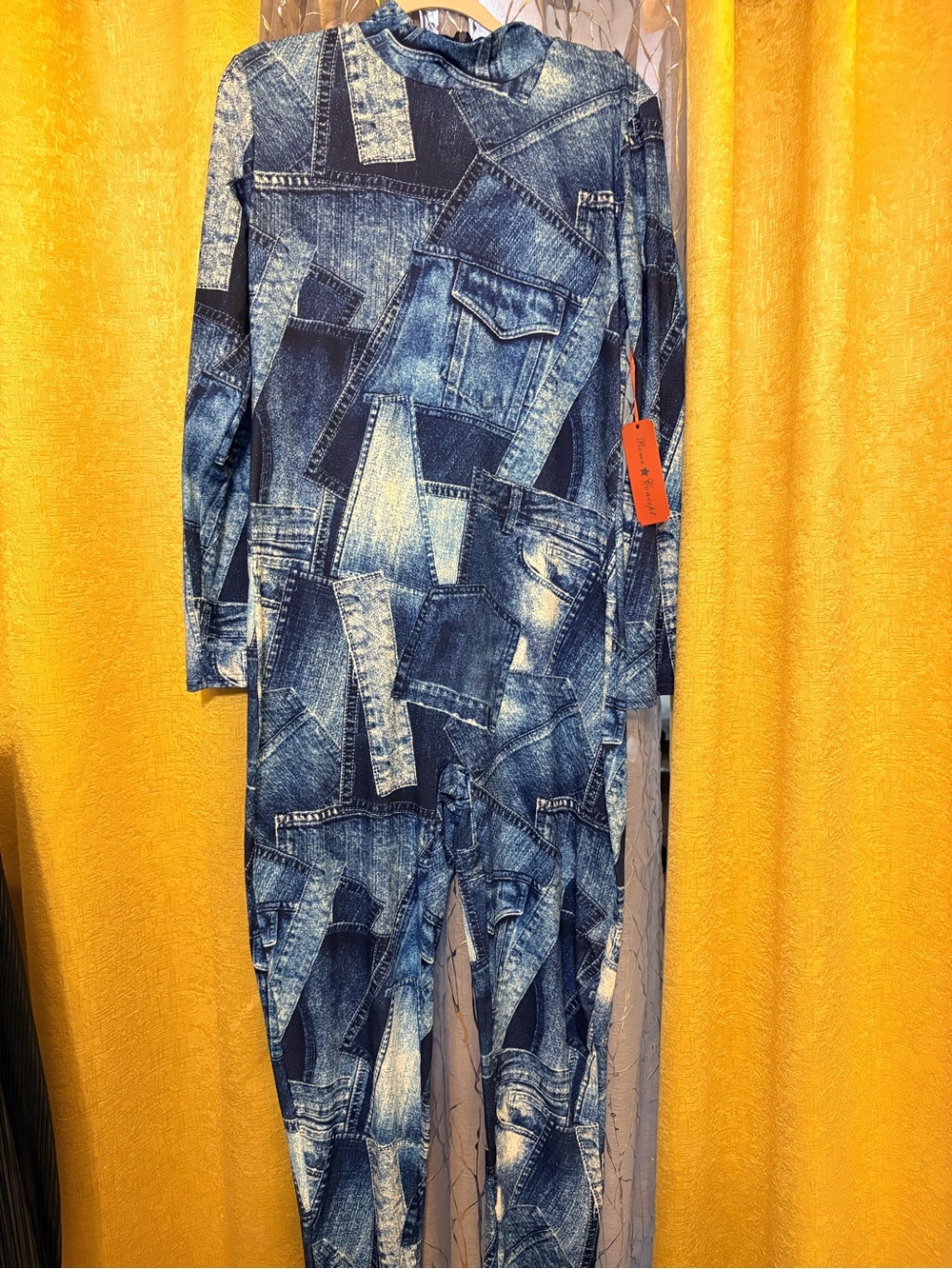 Women’s Blue Denim-Print Stretch Jumpsuit